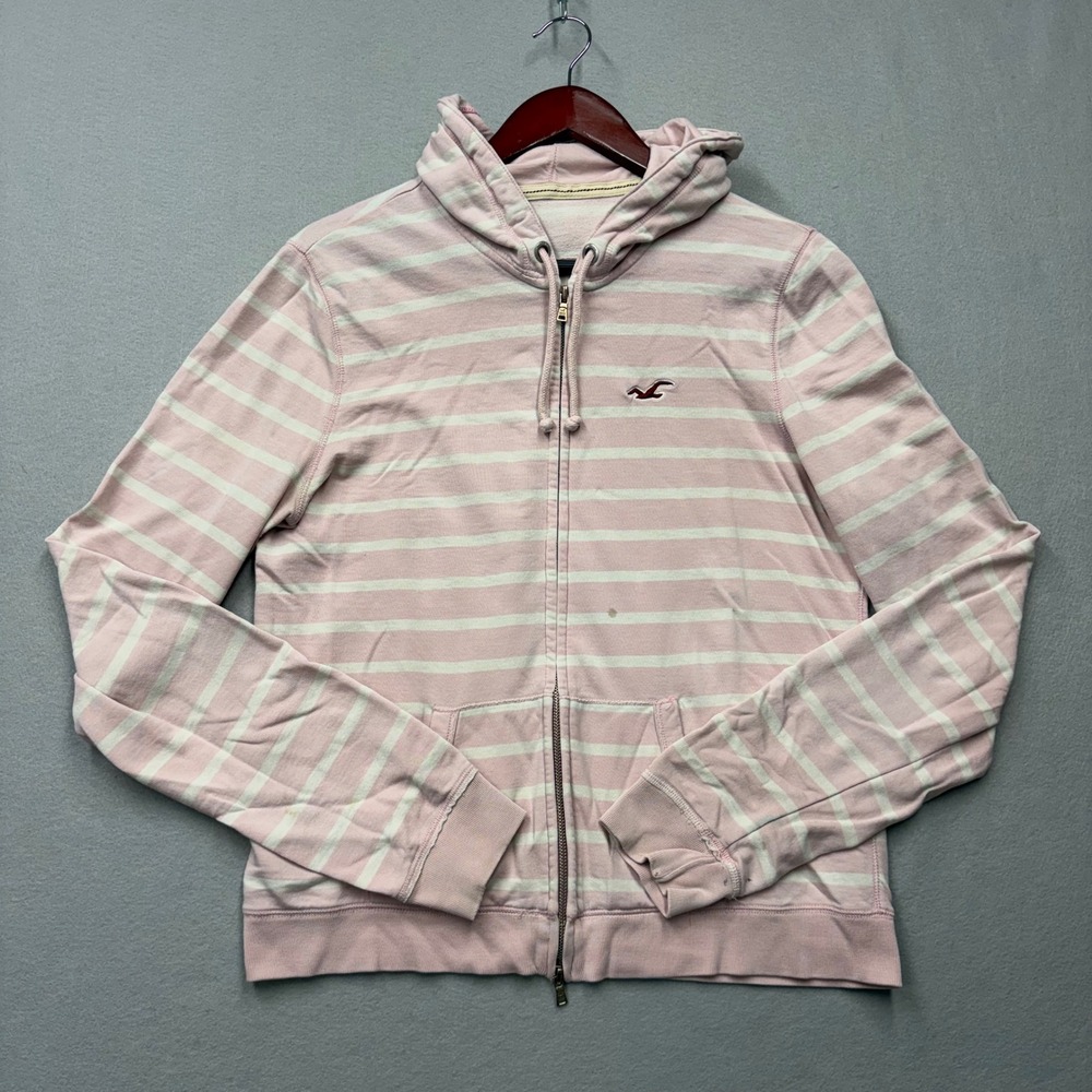 Hollister Hoodie Women XL Pink White Striped Full Zip Y2K Seagull Sweatshirt